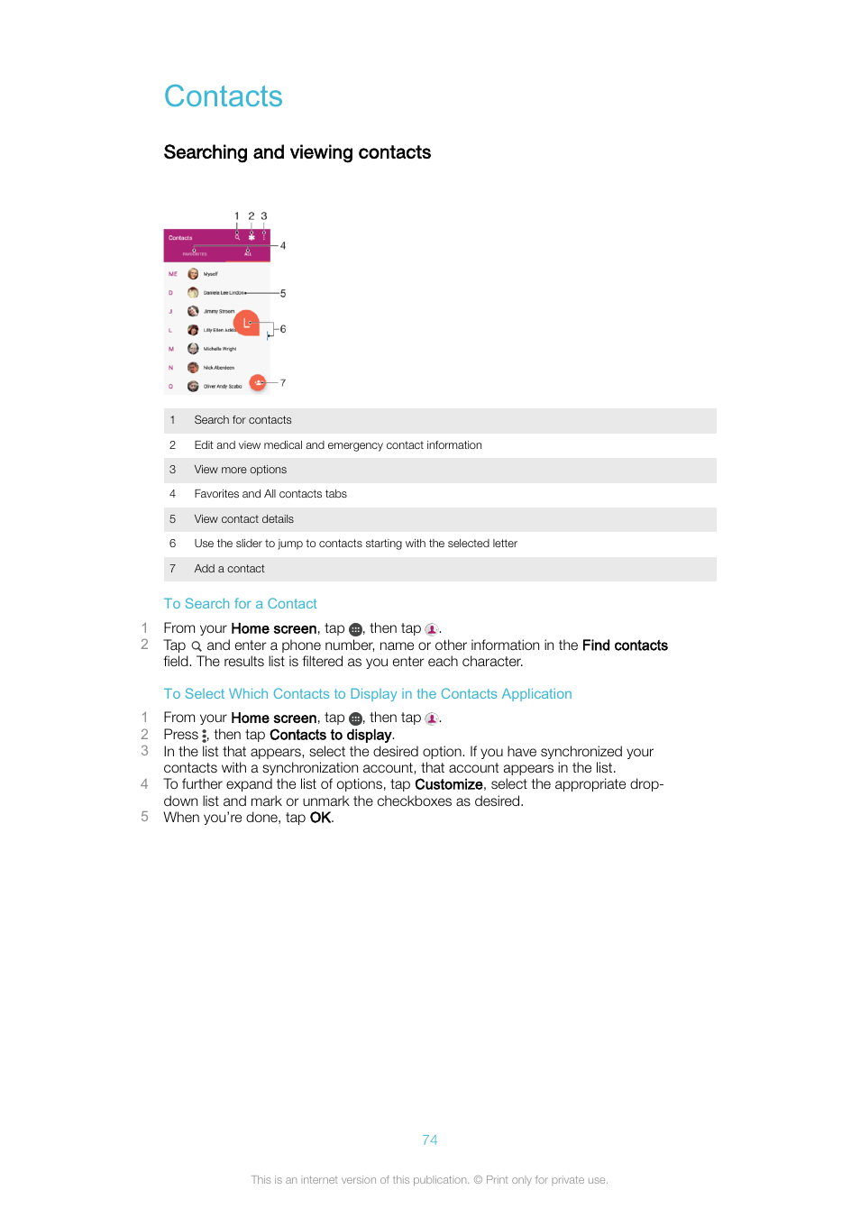 Contacts, Searching and viewing contacts | Sony Xperia XA1 User Manual | Page 74 / 130