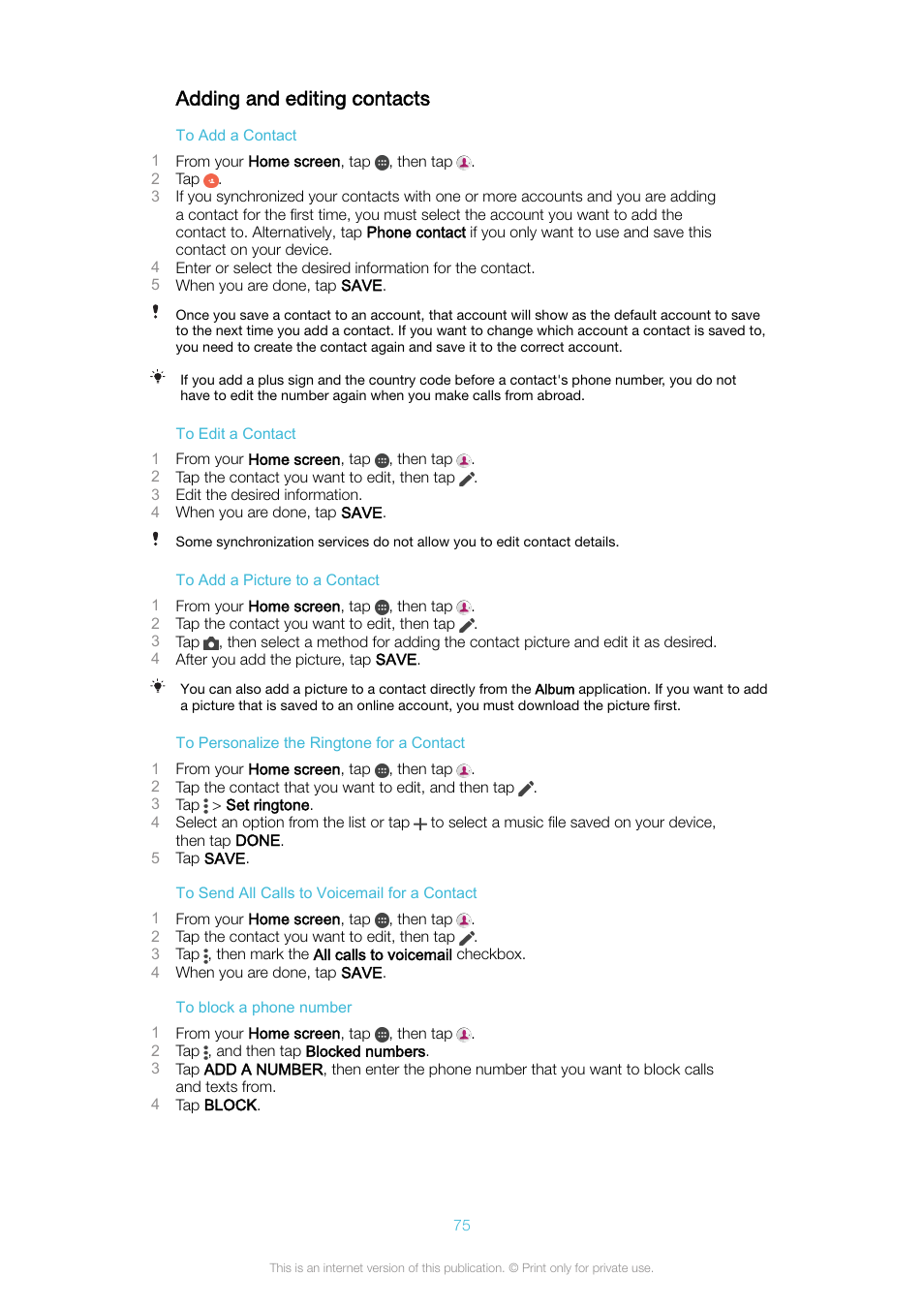 Adding and editing contacts | Sony Xperia XA1 User Manual | Page 75 / 130