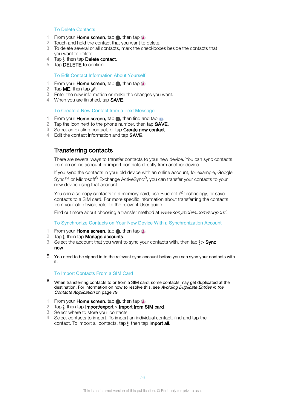 Transferring contacts | Sony Xperia XA1 User Manual | Page 76 / 130