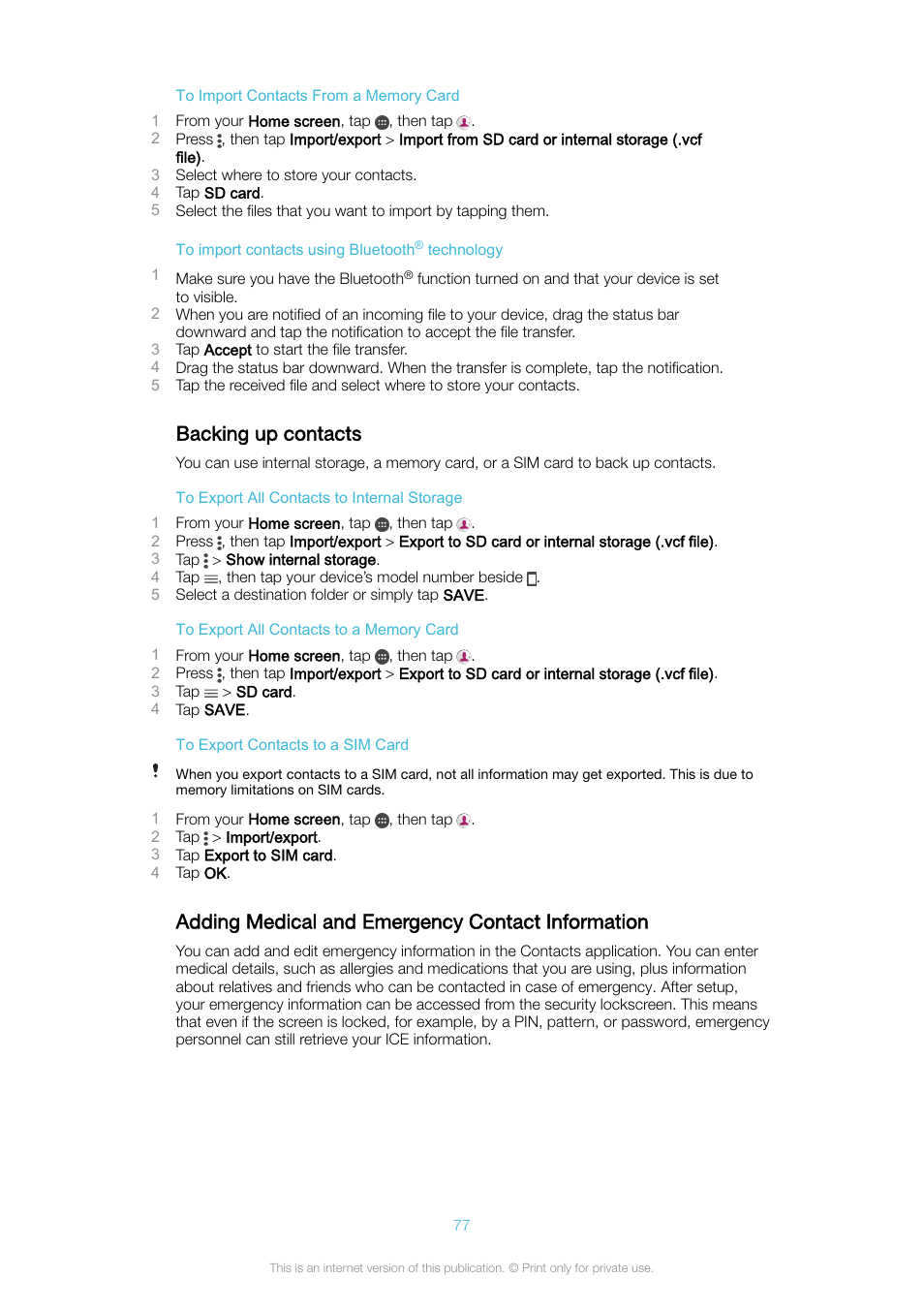 Backing up contacts, Adding medical and emergency contact information | Sony Xperia XA1 User Manual | Page 77 / 130