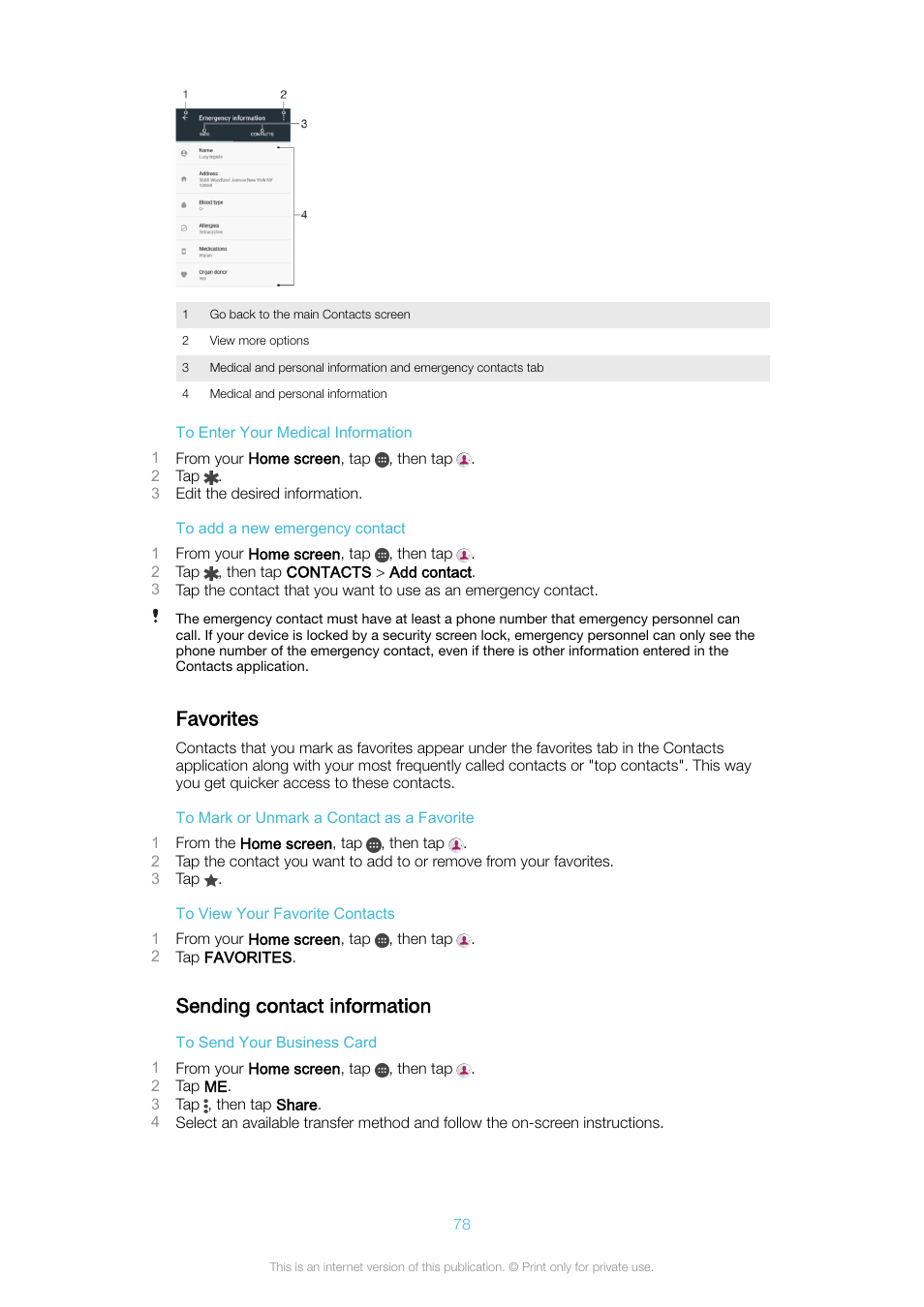 Favorites, Sending contact information, Favorites sending contact information | Sony Xperia XA1 User Manual | Page 78 / 130