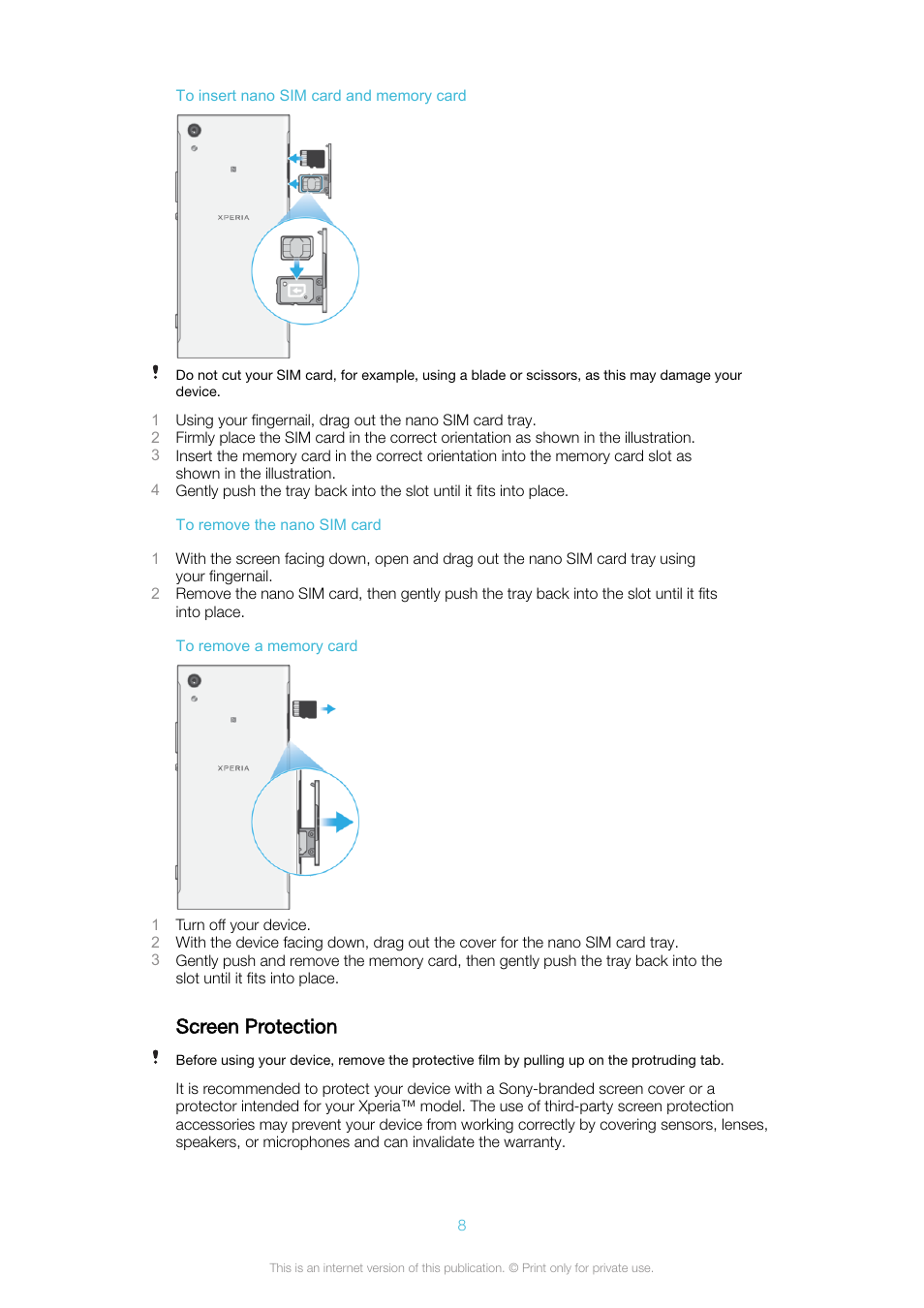 Screen protection | Sony Xperia XA1 User Manual | Page 8 / 130