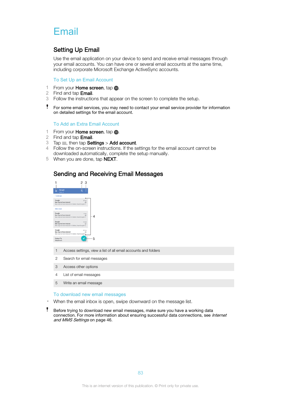 Email, Setting up email, Sending and receiving email messages | Sony Xperia XA1 User Manual | Page 83 / 130