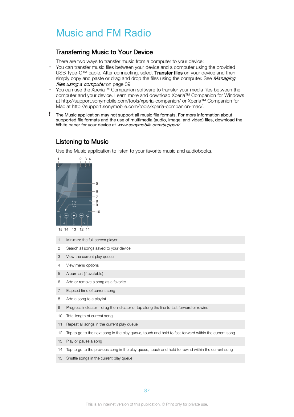 Music and fm radio, Transferring music to your device, Listening to music | Sony Xperia XA1 User Manual | Page 87 / 130