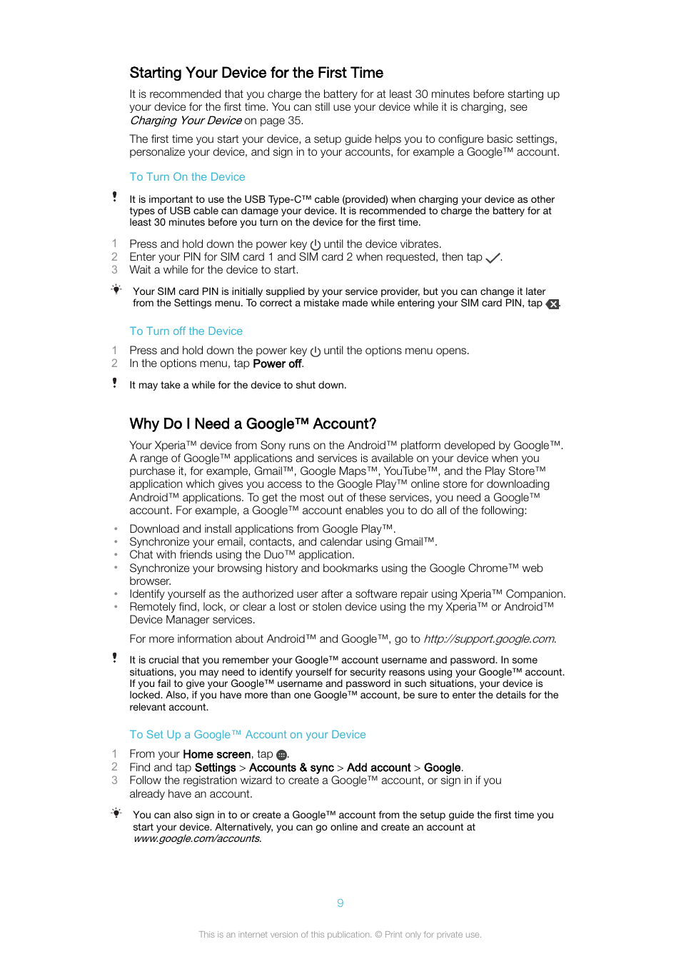 Starting your device for the first time, Why do i need a google™‎ account, Why do i need a google™ account | Sony Xperia XA1 User Manual | Page 9 / 130