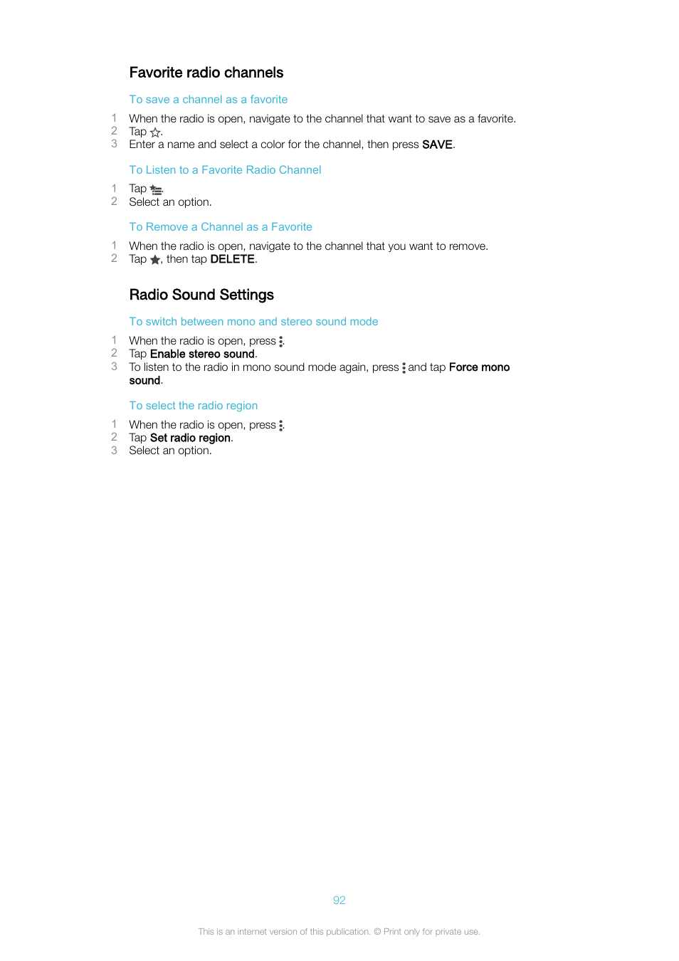 Favorite radio channels, Radio sound settings, Favorite radio channels radio sound settings | Sony Xperia XA1 User Manual | Page 92 / 130