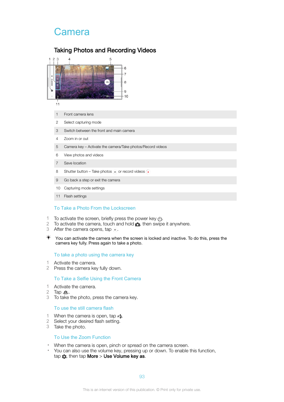 Camera, Taking photos and recording videos | Sony Xperia XA1 User Manual | Page 93 / 130