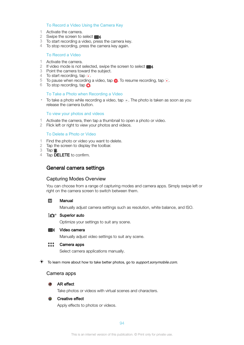 General camera settings | Sony Xperia XA1 User Manual | Page 94 / 130