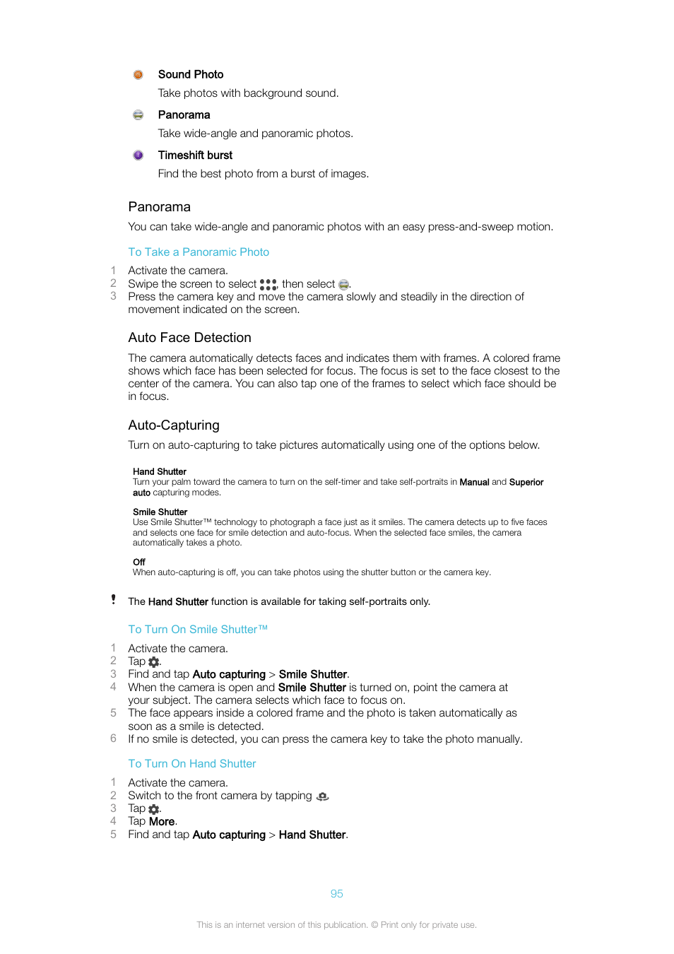 Panorama, Auto face detection, Auto-capturing | Sony Xperia XA1 User Manual | Page 95 / 130