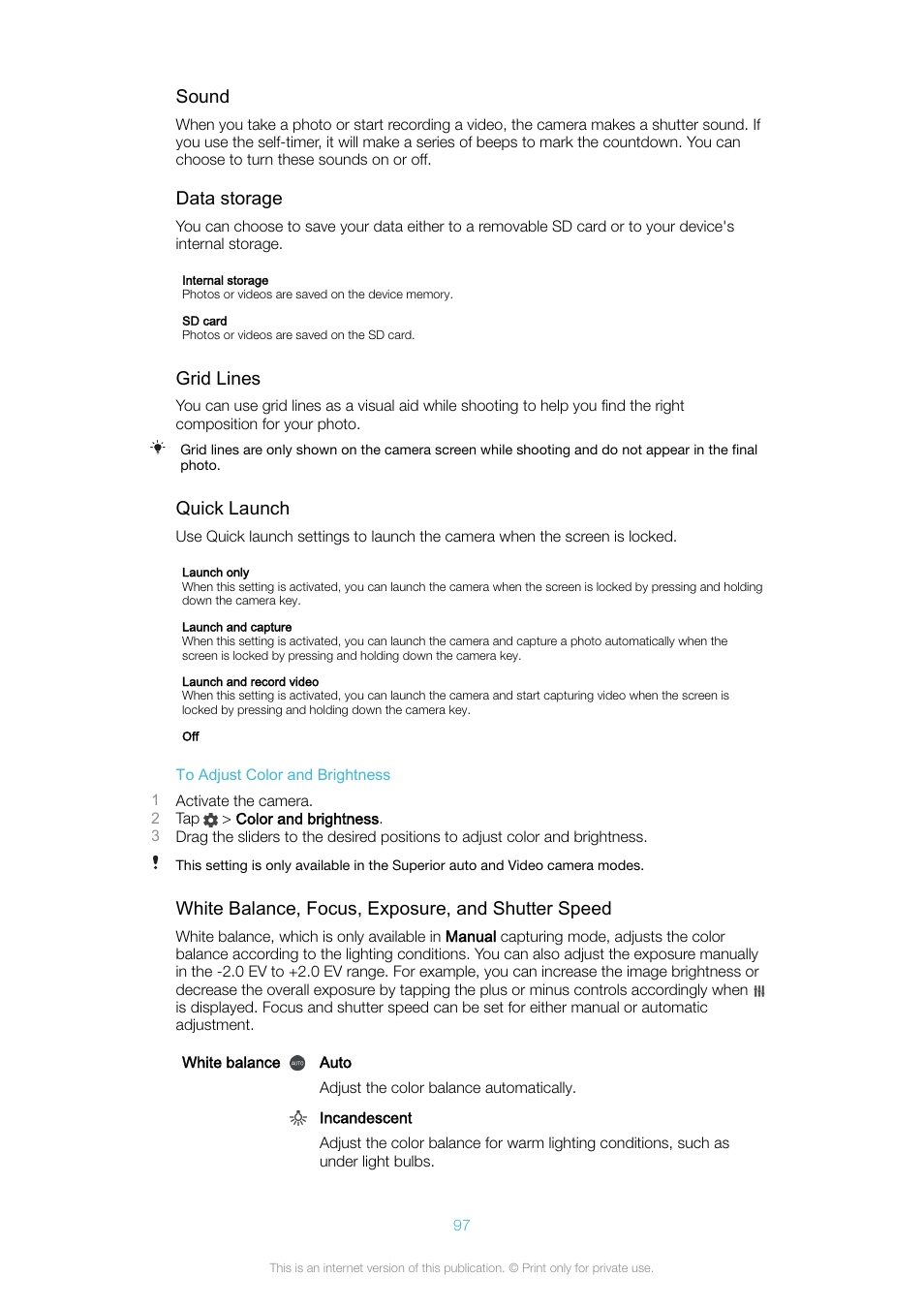 Sound, Data storage, Grid lines | Quick launch, White balance, focus, exposure, and shutter speed | Sony Xperia XA1 User Manual | Page 97 / 130