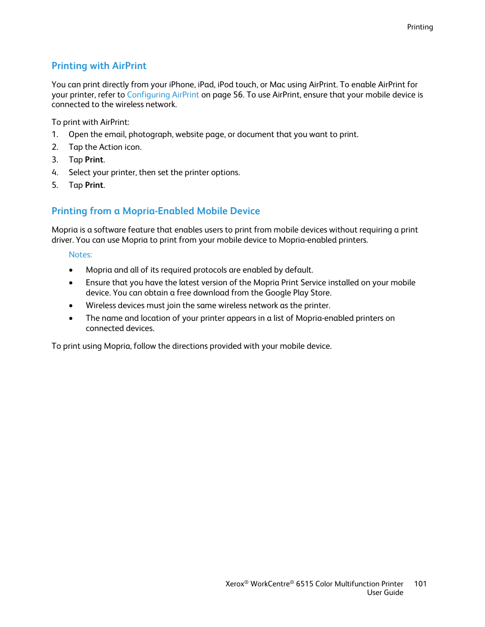 Printing with airprint, Printing from a mopria-enabled mobile device | Xerox WorkCentre 6515DNI User Manual | Page 101 / 326