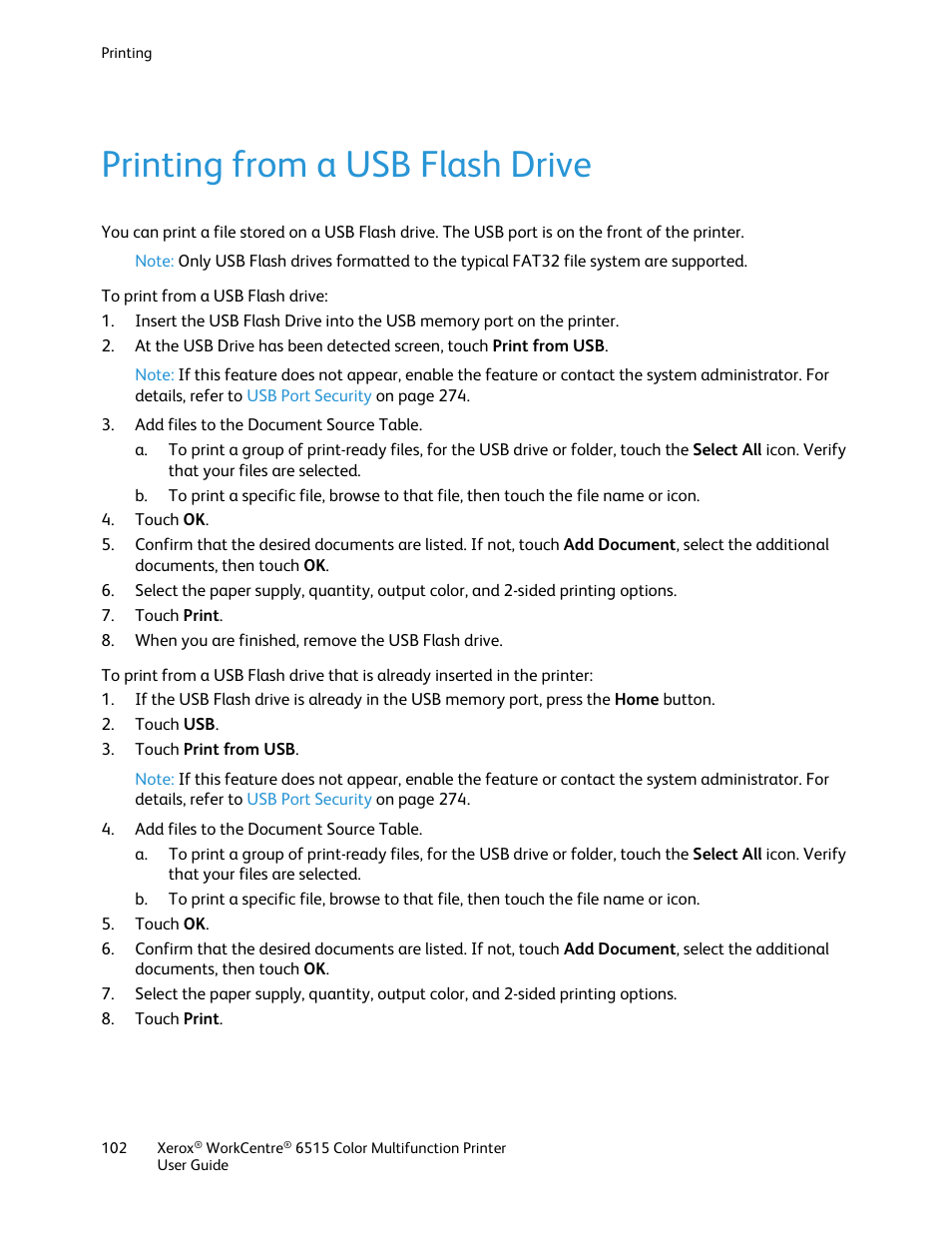 Printing from a usb flash drive | Xerox WorkCentre 6515DNI User Manual | Page 102 / 326