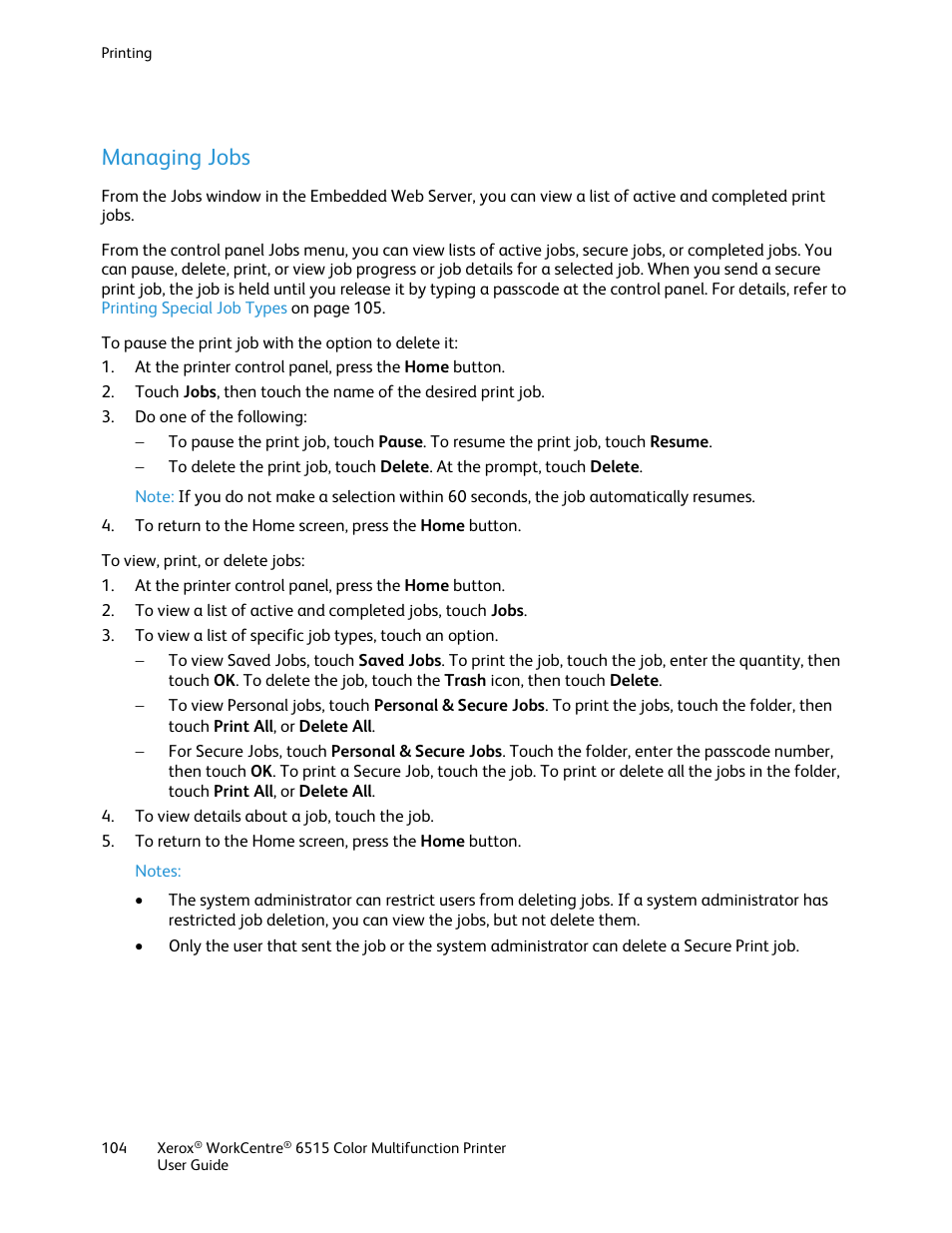 Managing jobs | Xerox WorkCentre 6515DNI User Manual | Page 104 / 326