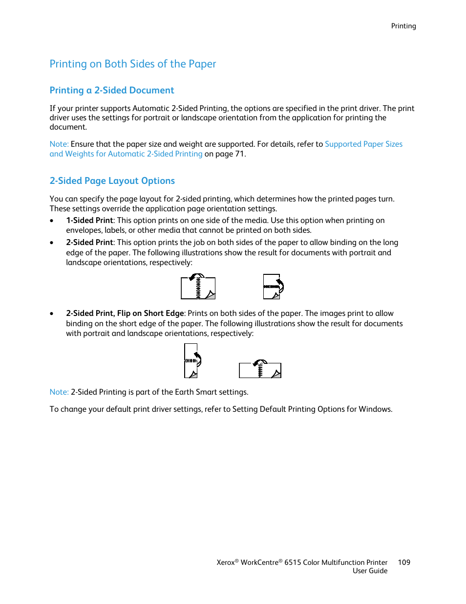 Printing on both sides of the paper, Printing a 2-sided document, Sided page layout options | Xerox WorkCentre 6515DNI User Manual | Page 109 / 326