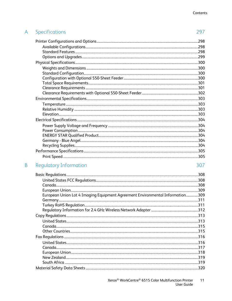 Aspecifications 297, Bregulatory information 307 | Xerox WorkCentre 6515DNI User Manual | Page 11 / 326