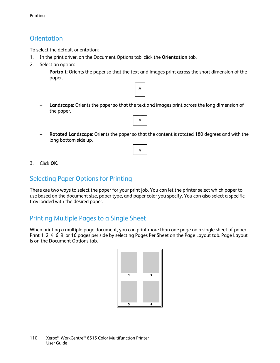 Orientation, Selecting paper options for printing, Printing multiple pages to a single sheet | Xerox WorkCentre 6515DNI User Manual | Page 110 / 326