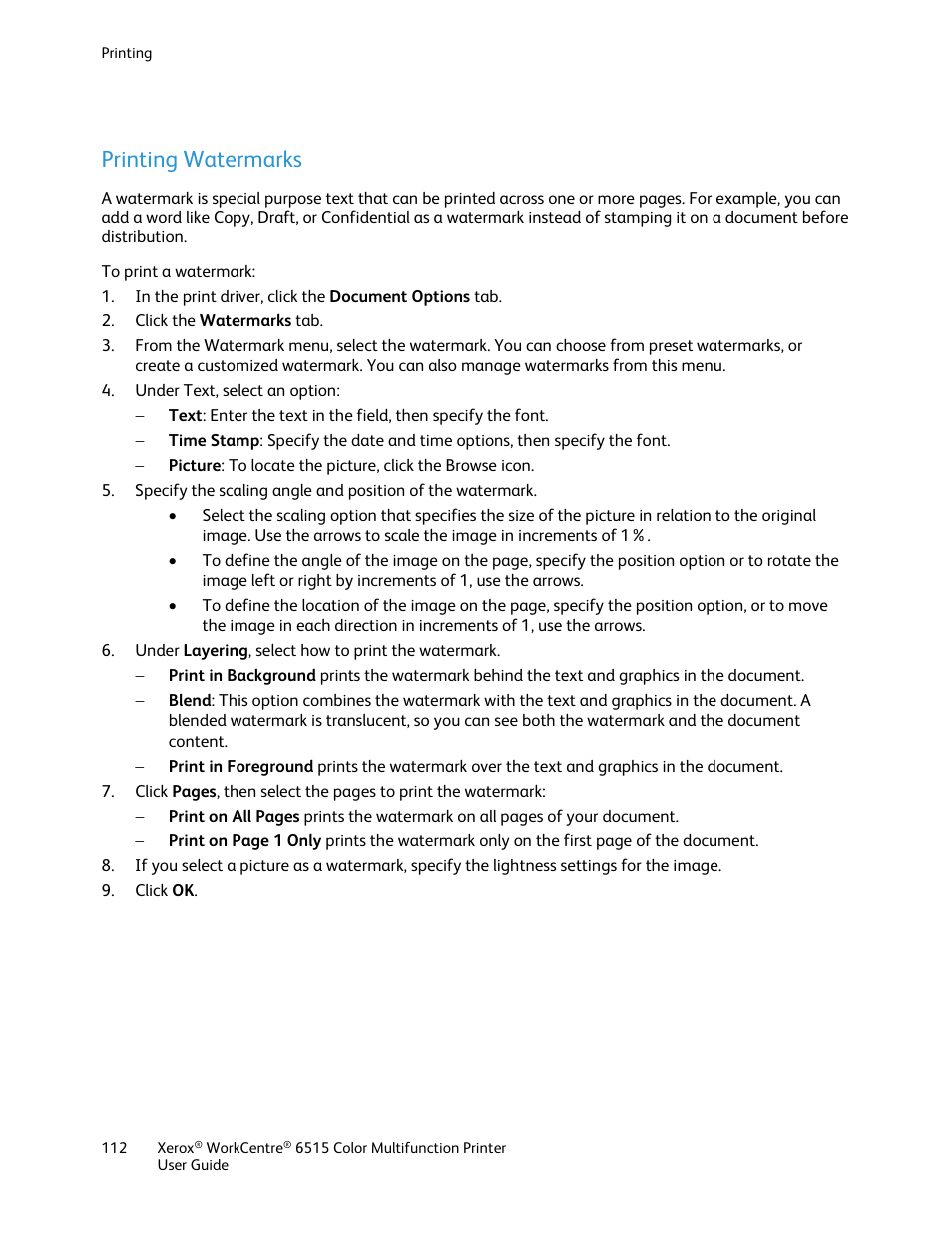 Printing watermarks | Xerox WorkCentre 6515DNI User Manual | Page 112 / 326