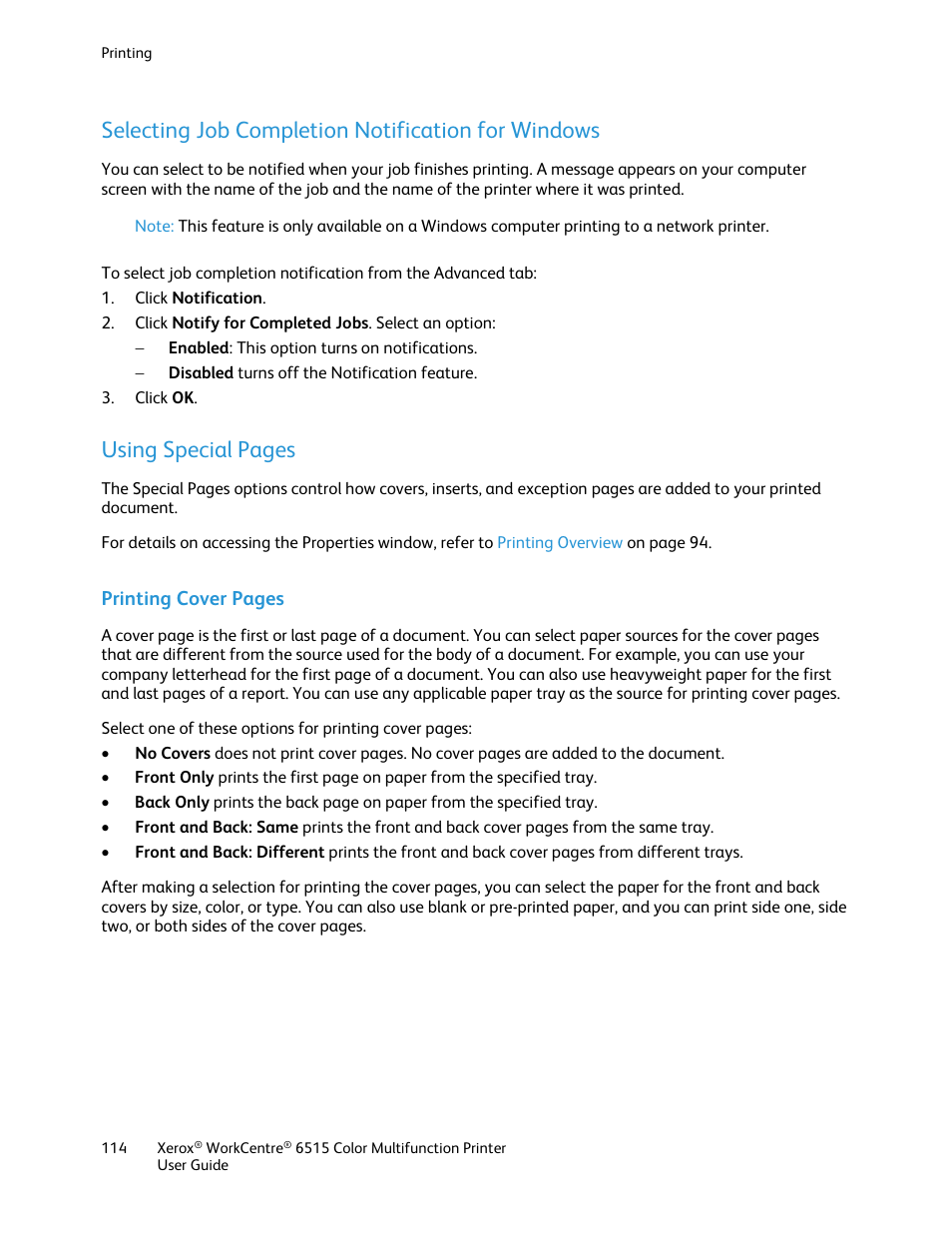 Selecting job completion notification for windows, Using special pages, Printing cover pages | Xerox WorkCentre 6515DNI User Manual | Page 114 / 326