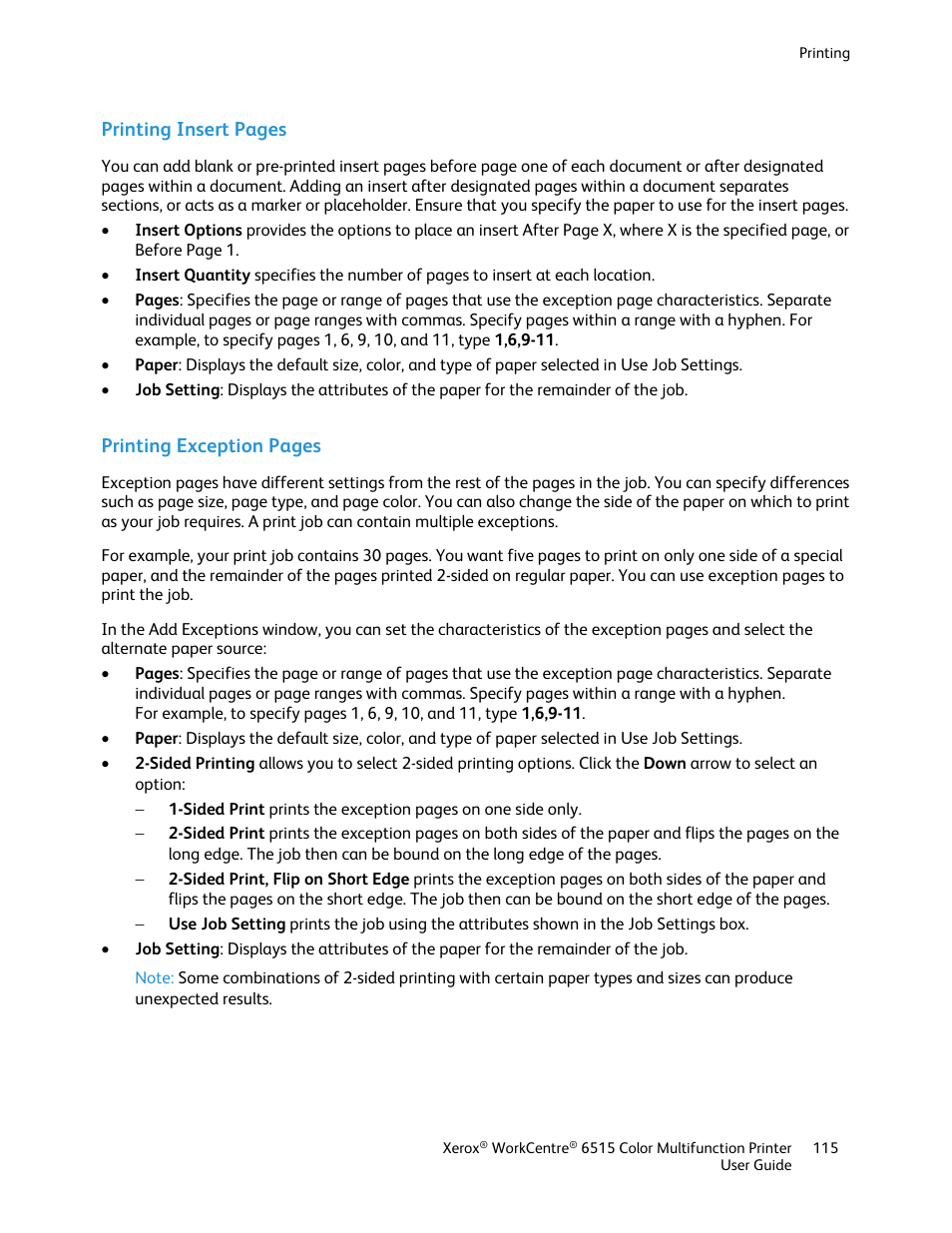 Printing insert pages, Printing exception pages | Xerox WorkCentre 6515DNI User Manual | Page 115 / 326