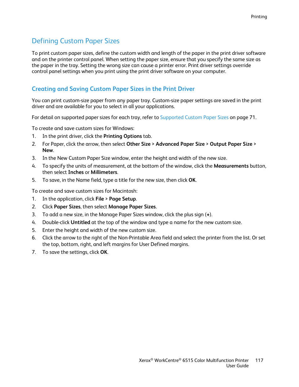 Defining custom paper sizes | Xerox WorkCentre 6515DNI User Manual | Page 117 / 326