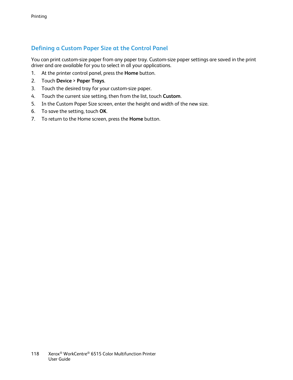 Defining a custom paper size at the control panel | Xerox WorkCentre 6515DNI User Manual | Page 118 / 326