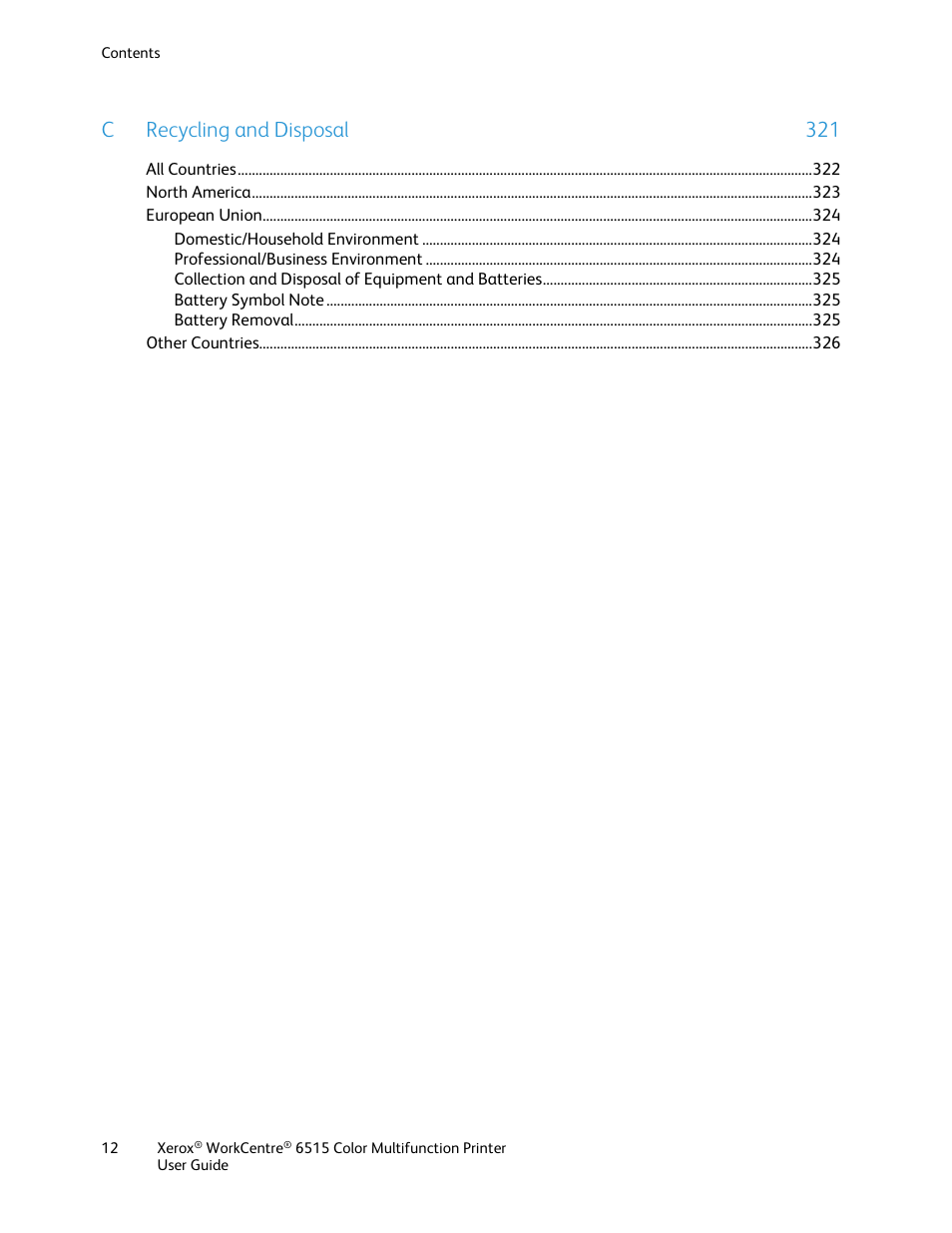 Crecycling and disposal 321 | Xerox WorkCentre 6515DNI User Manual | Page 12 / 326