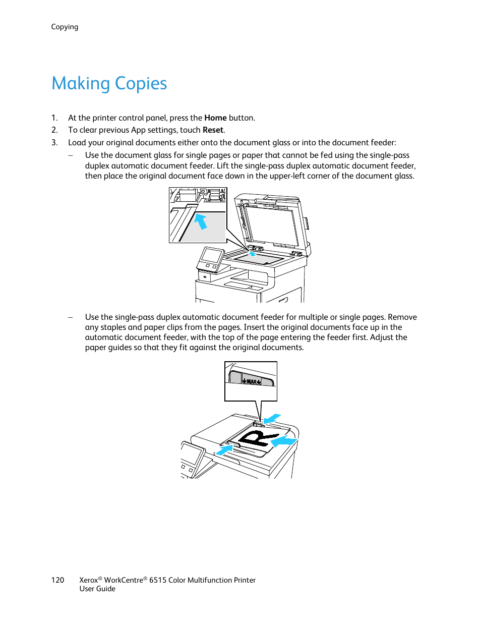 Making copies | Xerox WorkCentre 6515DNI User Manual | Page 120 / 326