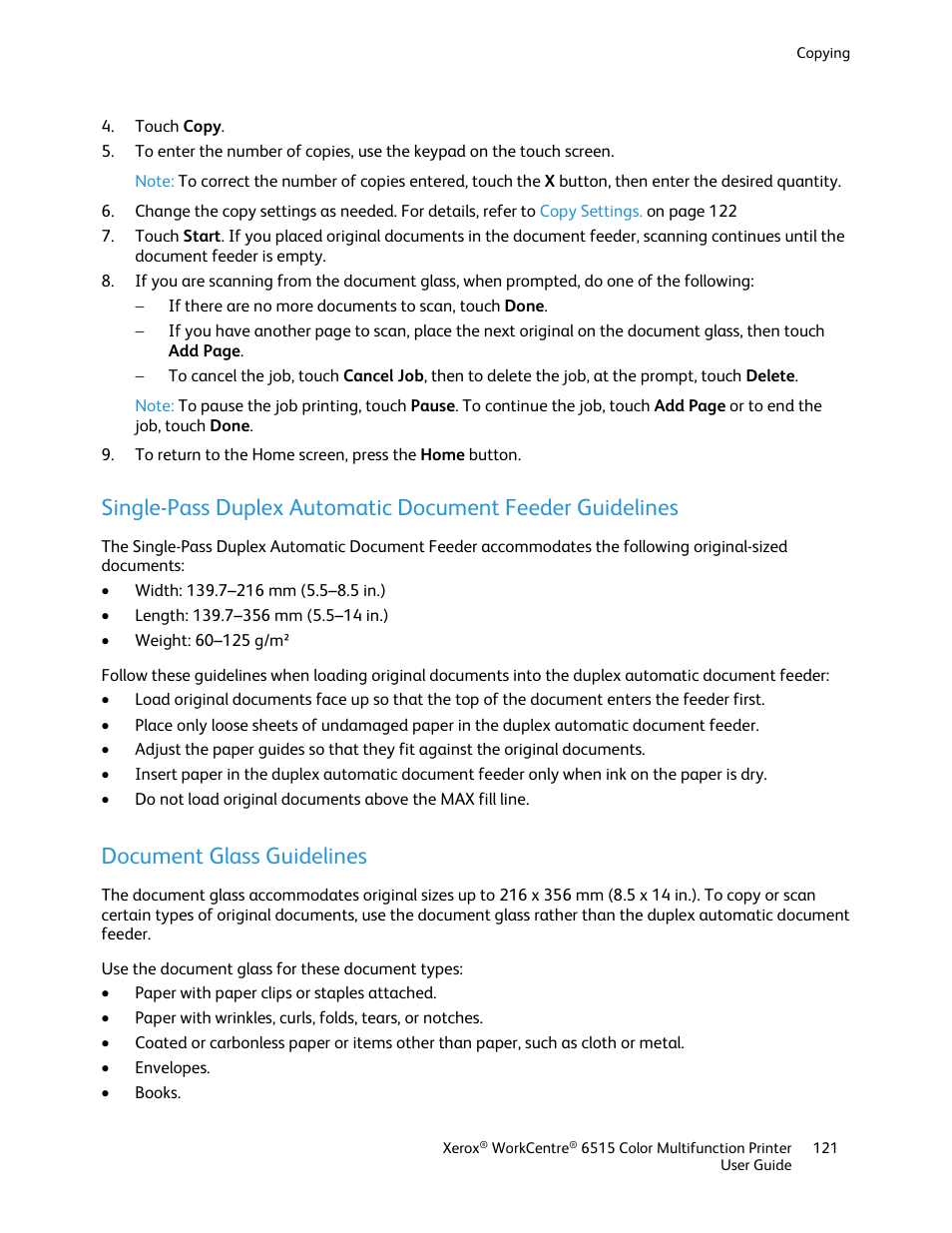 Document glass guidelines | Xerox WorkCentre 6515DNI User Manual | Page 121 / 326