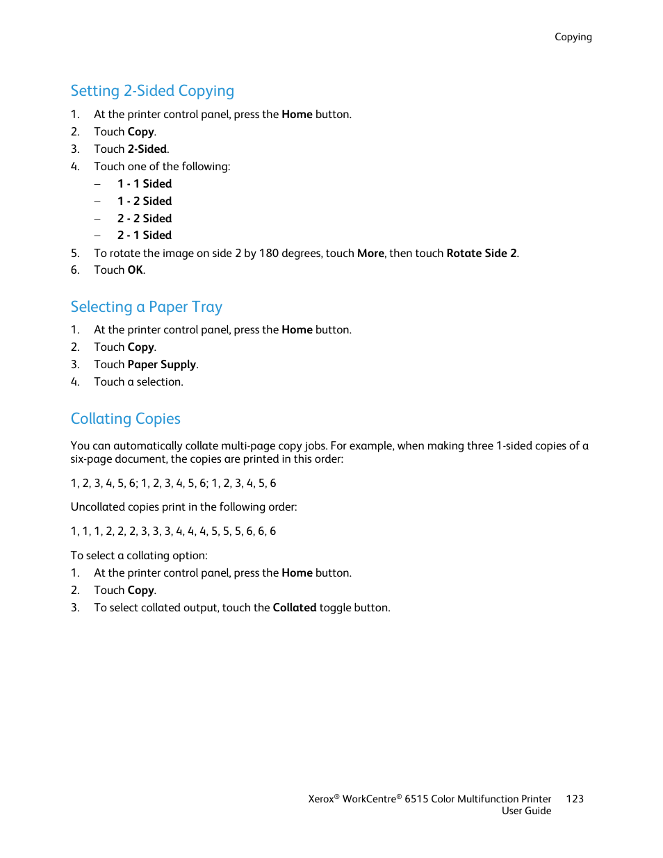 Setting 2-sided copying, Selecting a paper tray, Collating copies | Xerox WorkCentre 6515DNI User Manual | Page 123 / 326