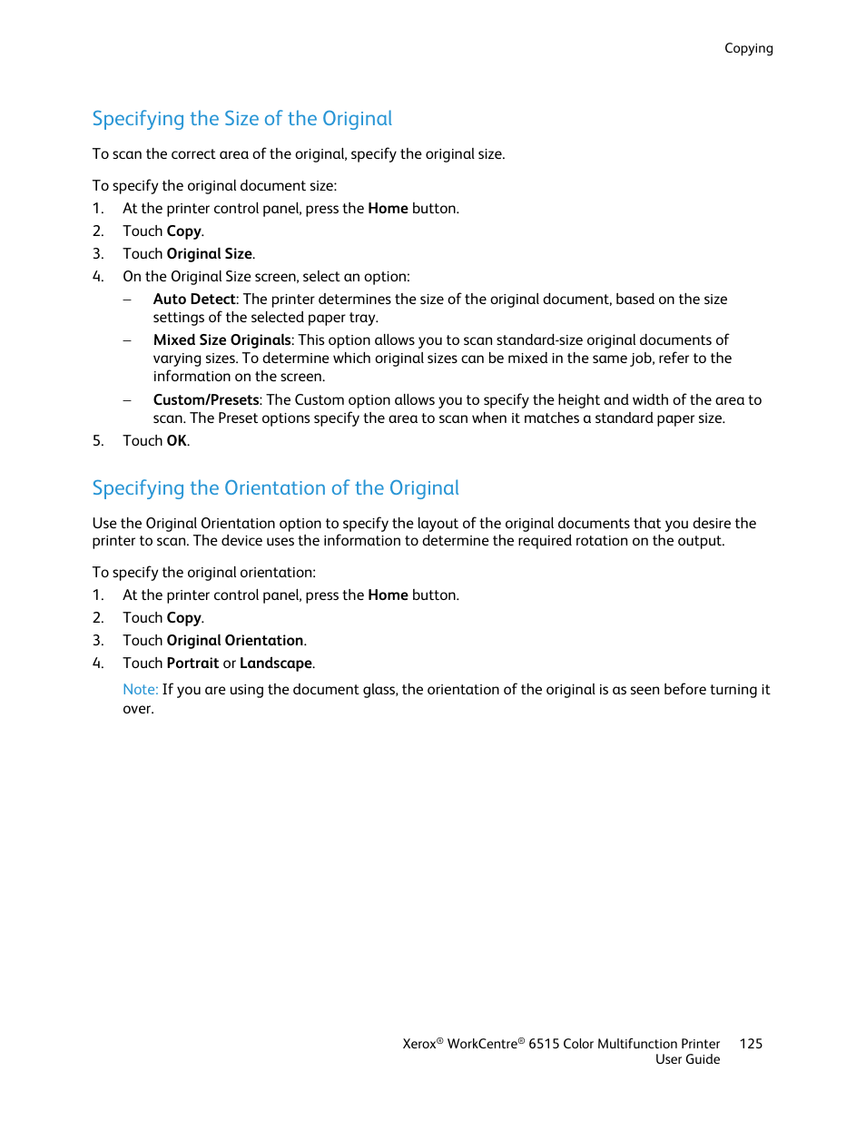 Specifying the size of the original, Specifying the orientation of the original | Xerox WorkCentre 6515DNI User Manual | Page 125 / 326