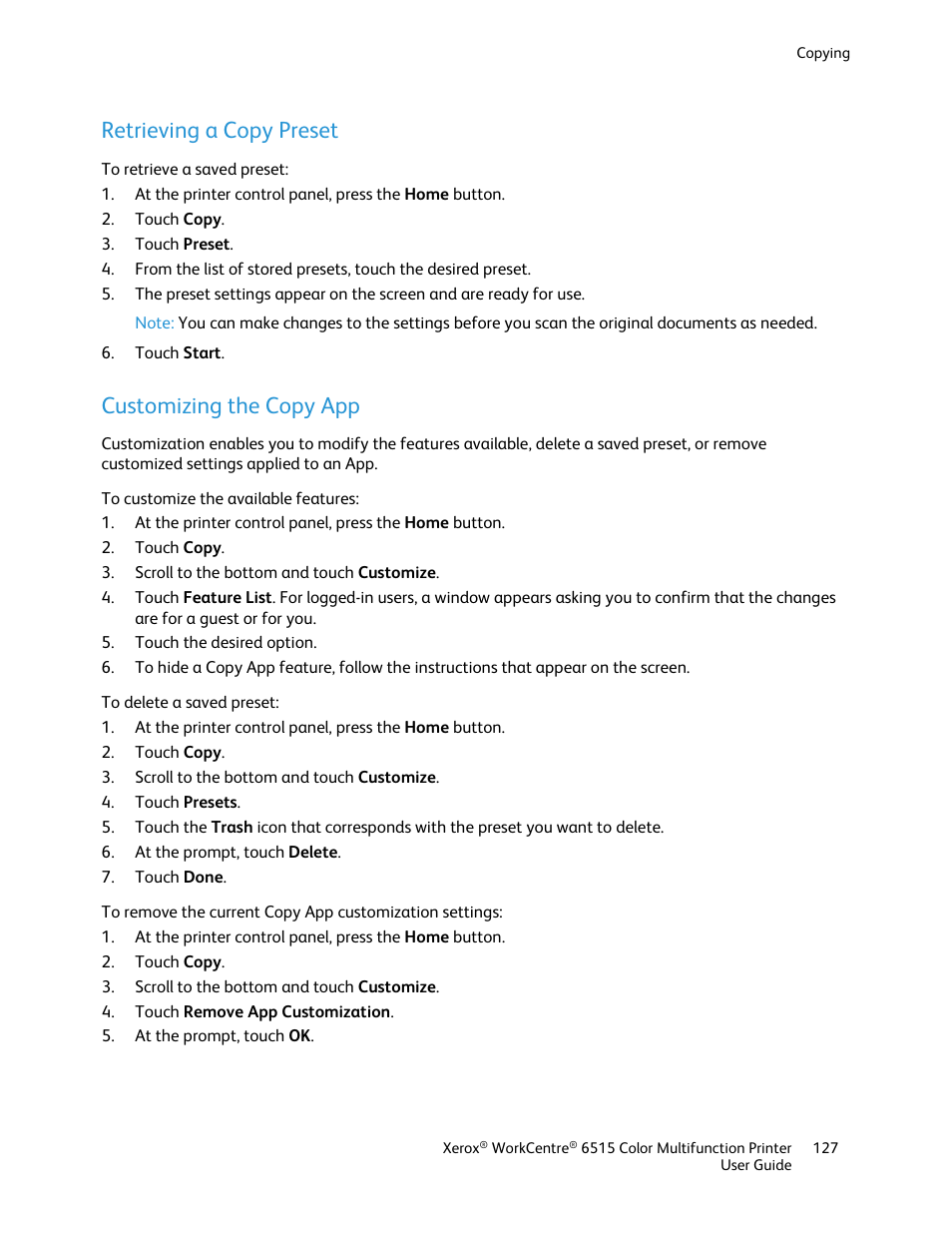 Retrieving a copy preset, Customizing the copy app | Xerox WorkCentre 6515DNI User Manual | Page 127 / 326