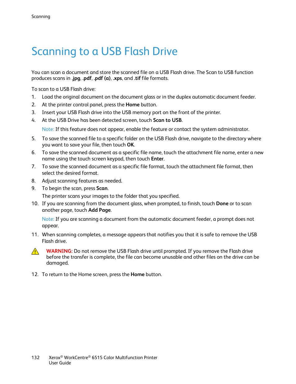 Scanning to a usb flash drive | Xerox WorkCentre 6515DNI User Manual | Page 132 / 326