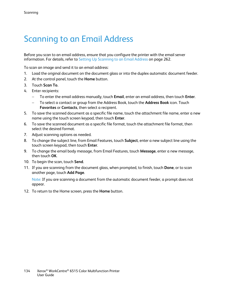 Scanning to an email address | Xerox WorkCentre 6515DNI User Manual | Page 134 / 326