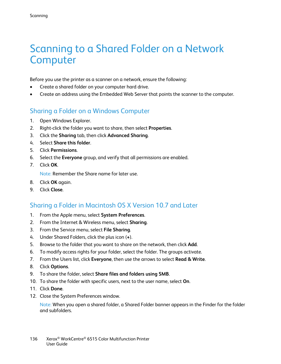 Scanning to a shared folder on a network computer, Sharing a folder on a windows computer | Xerox WorkCentre 6515DNI User Manual | Page 136 / 326