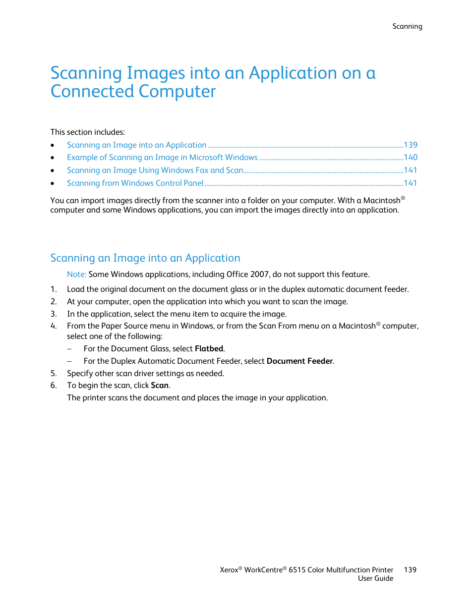 Scanning an image into an application | Xerox WorkCentre 6515DNI User Manual | Page 139 / 326
