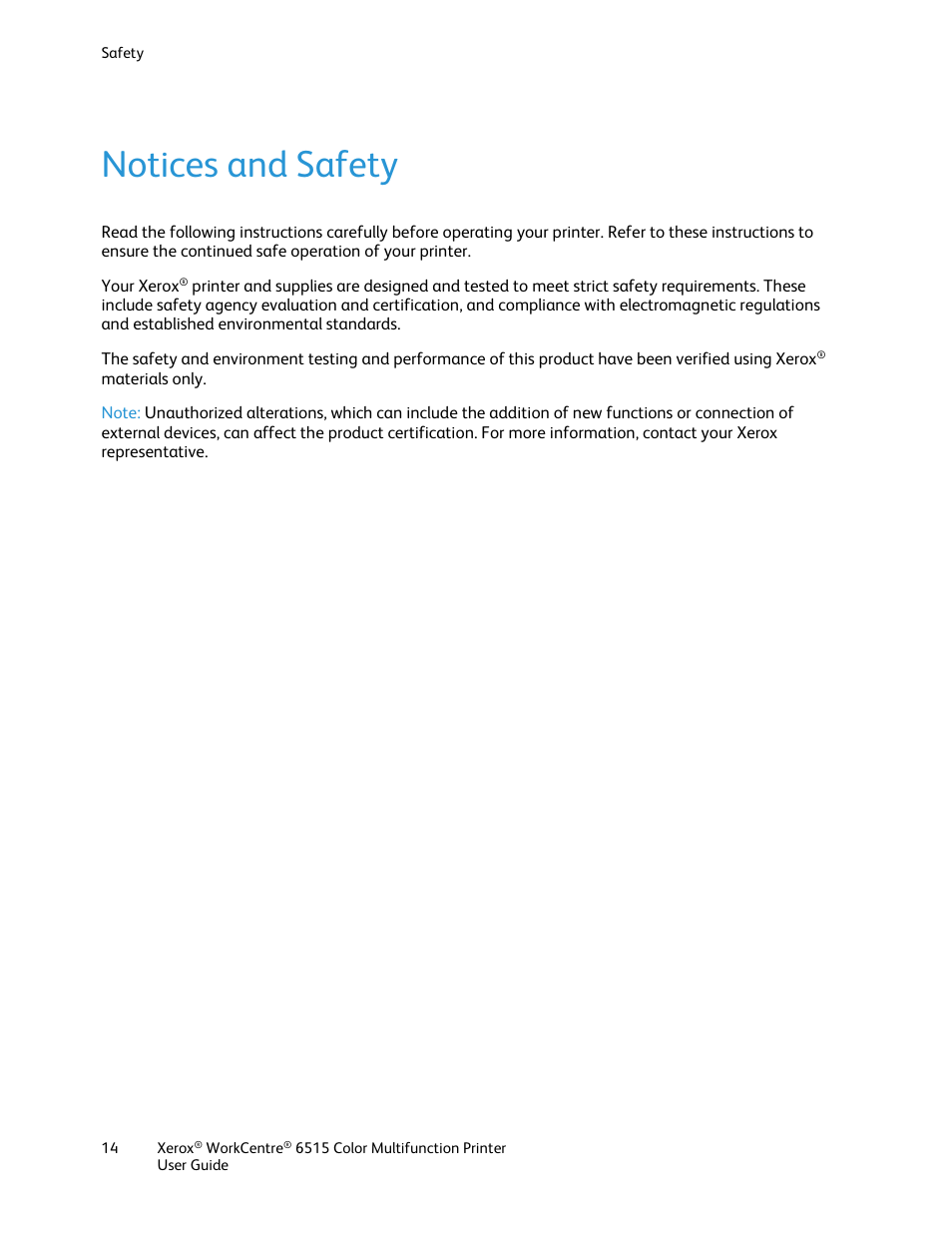 Notices and safety | Xerox WorkCentre 6515DNI User Manual | Page 14 / 326