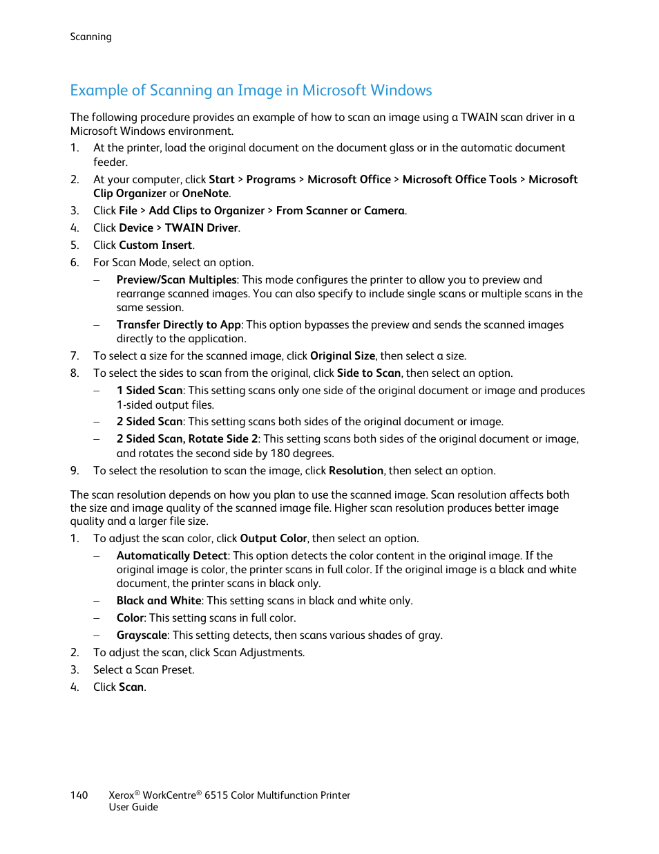 Example of scanning an image in microsoft windows | Xerox WorkCentre 6515DNI User Manual | Page 140 / 326