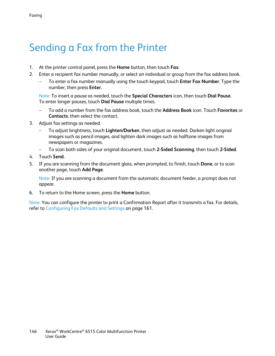 Sending a fax from the printer | Xerox WorkCentre 6515DNI User Manual | Page 146 / 326