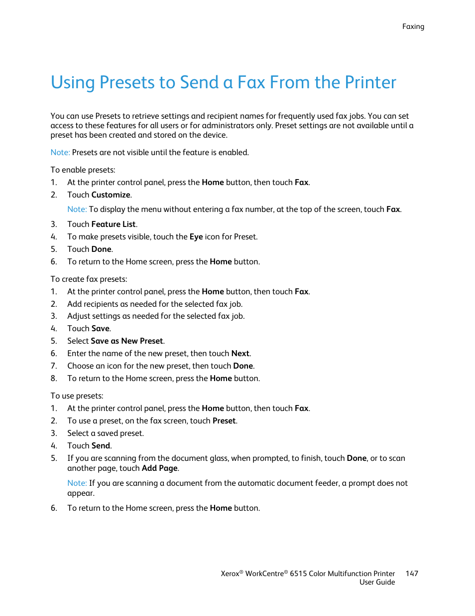 Using presets to send a fax from the printer | Xerox WorkCentre 6515DNI User Manual | Page 147 / 326