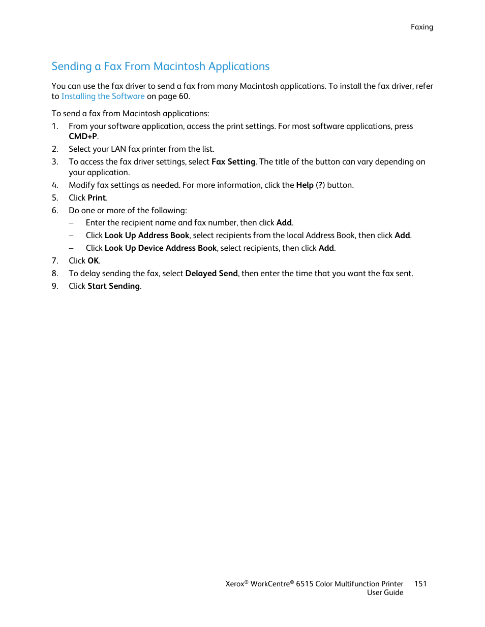 Sending a fax from macintosh applications | Xerox WorkCentre 6515DNI User Manual | Page 151 / 326