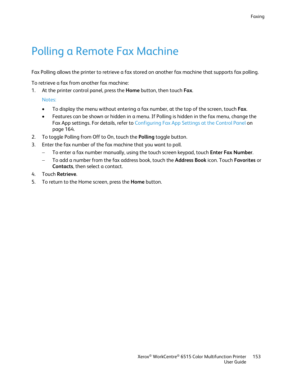 Polling a remote fax machine | Xerox WorkCentre 6515DNI User Manual | Page 153 / 326