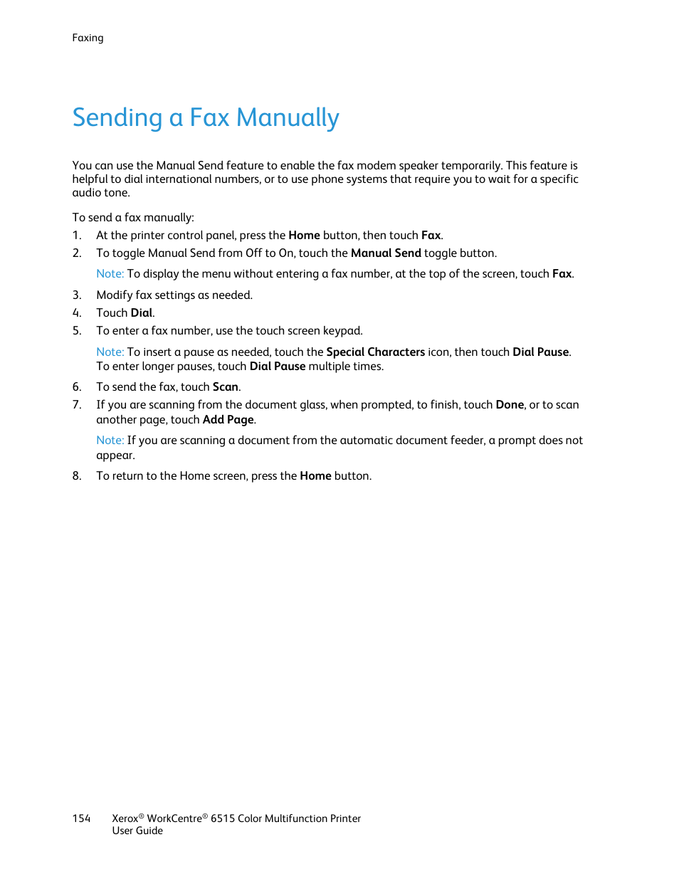 Sending a fax manually | Xerox WorkCentre 6515DNI User Manual | Page 154 / 326