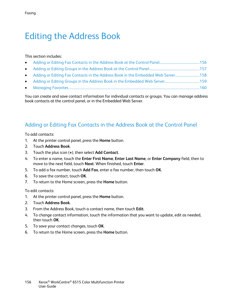 Editing the address book | Xerox WorkCentre 6515DNI User Manual | Page 156 / 326