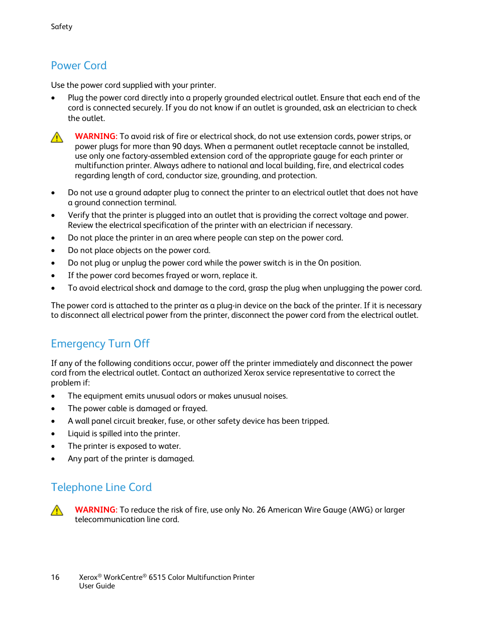 Power cord, Emergency turn off, Telephone line cord | Xerox WorkCentre 6515DNI User Manual | Page 16 / 326