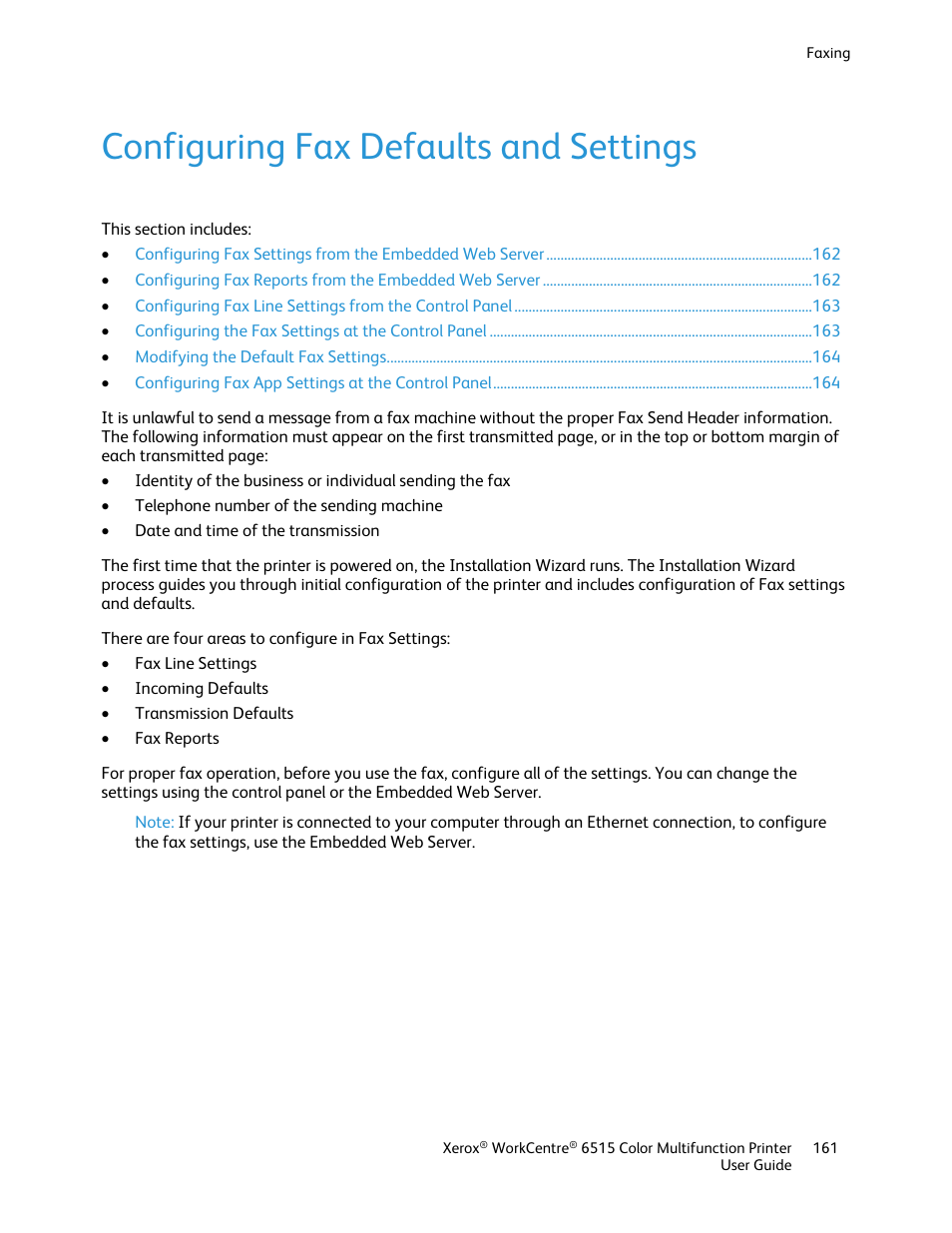 Configuring fax defaults and settings | Xerox WorkCentre 6515DNI User Manual | Page 161 / 326