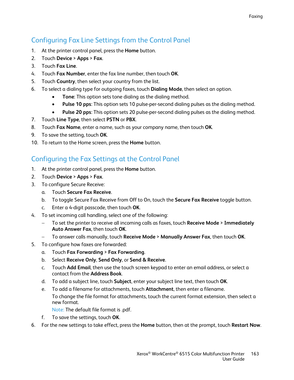 Configuring the fax settings at the control panel | Xerox WorkCentre 6515DNI User Manual | Page 163 / 326