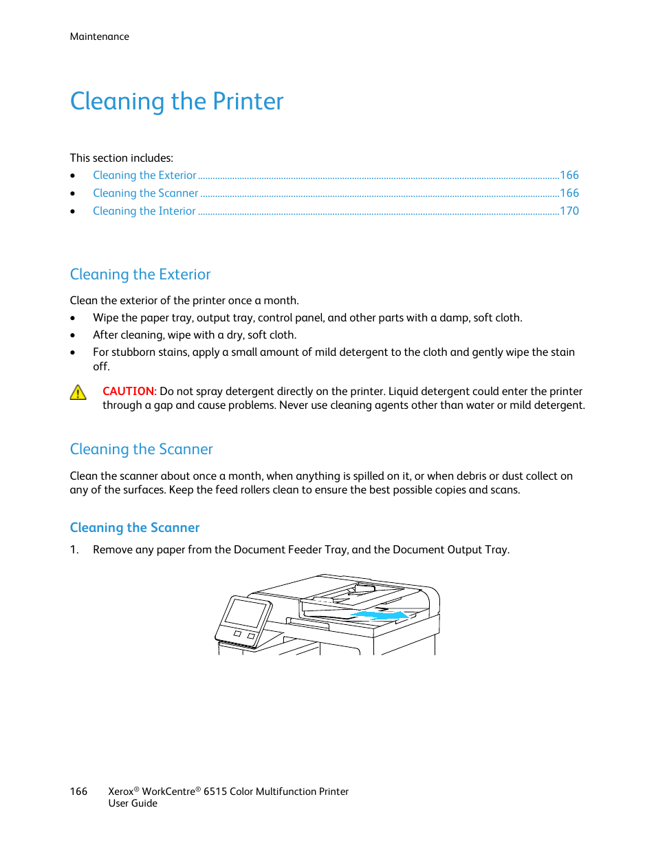 Cleaning the printer, Cleaning the exterior, Cleaning the scanner | Xerox WorkCentre 6515DNI User Manual | Page 166 / 326