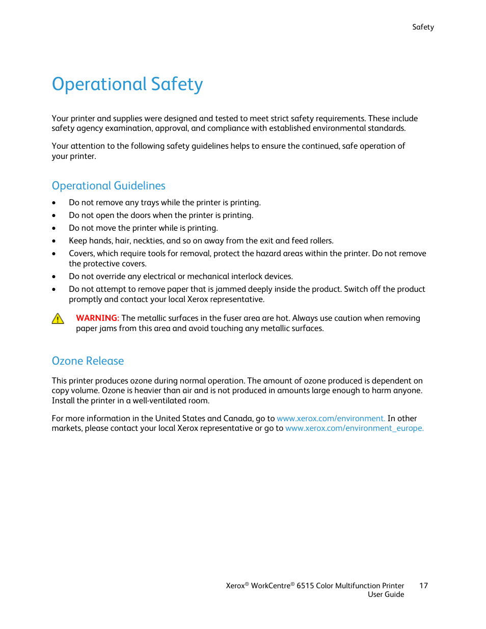 Operational safety, Operational guidelines, Ozone release | Xerox WorkCentre 6515DNI User Manual | Page 17 / 326