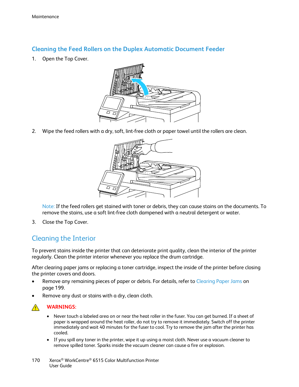 Cleaning the interior | Xerox WorkCentre 6515DNI User Manual | Page 170 / 326