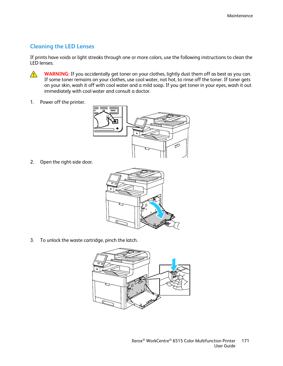 Cleaning the led lenses | Xerox WorkCentre 6515DNI User Manual | Page 171 / 326